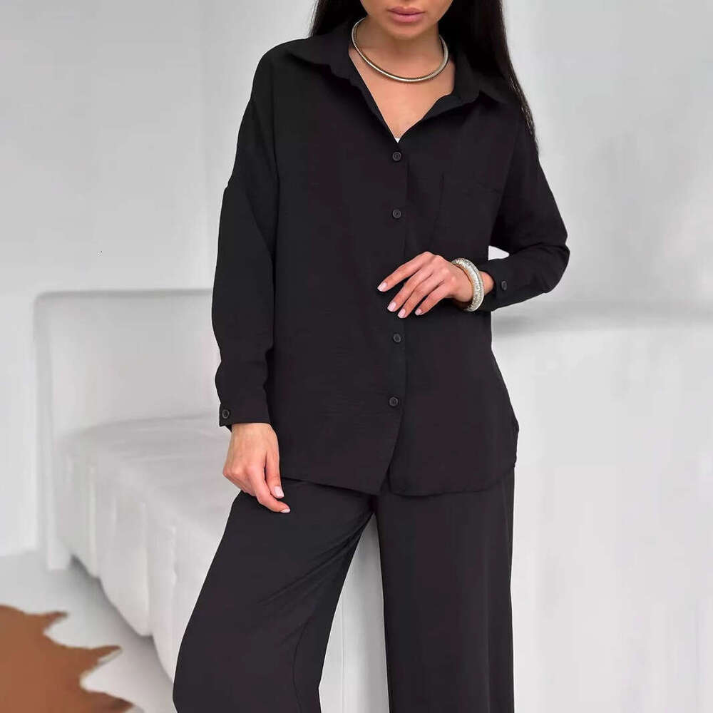 2025 Cross-Border European and American Amazon Women's Solid Color Cardigan Pocket Casual Wide-Leg Pants Set