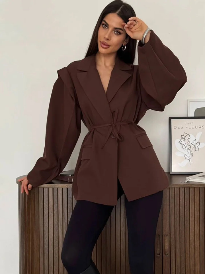 Trendy Oversized Womens Belt Blazer Suit Solid Loose Fit Slim Jacket Elegant Formal Female Coat Summer Outerwear Outfit 251110