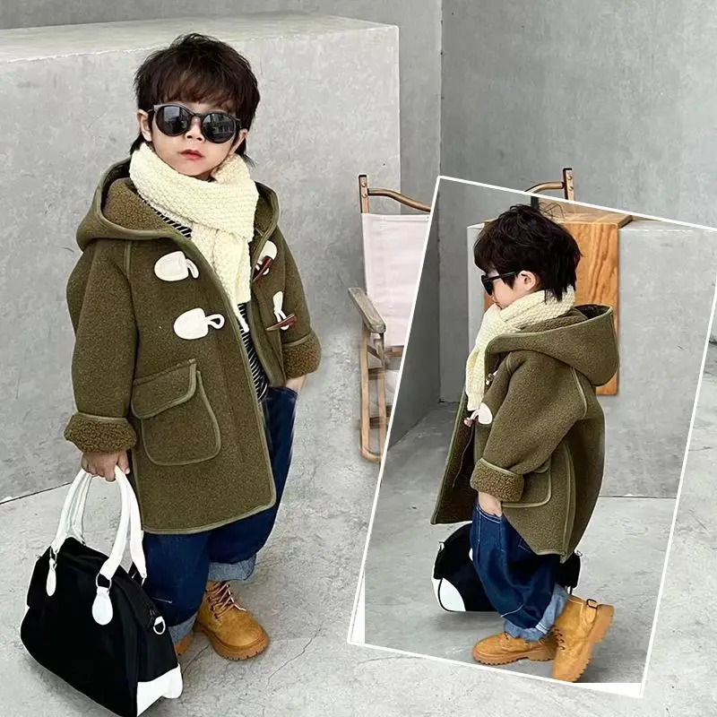 Autumn Woolen Jacket For Boy Korean Version Fashion Thickening Handsome MidLength Keep Warm Casual Childrens Clothing 251103