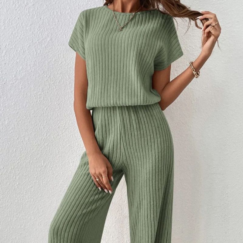 Women's New Solid Color Fine Pit Fashion Shoulder Short-Sleeved Knitted Top Trousers Two-Piece Suit