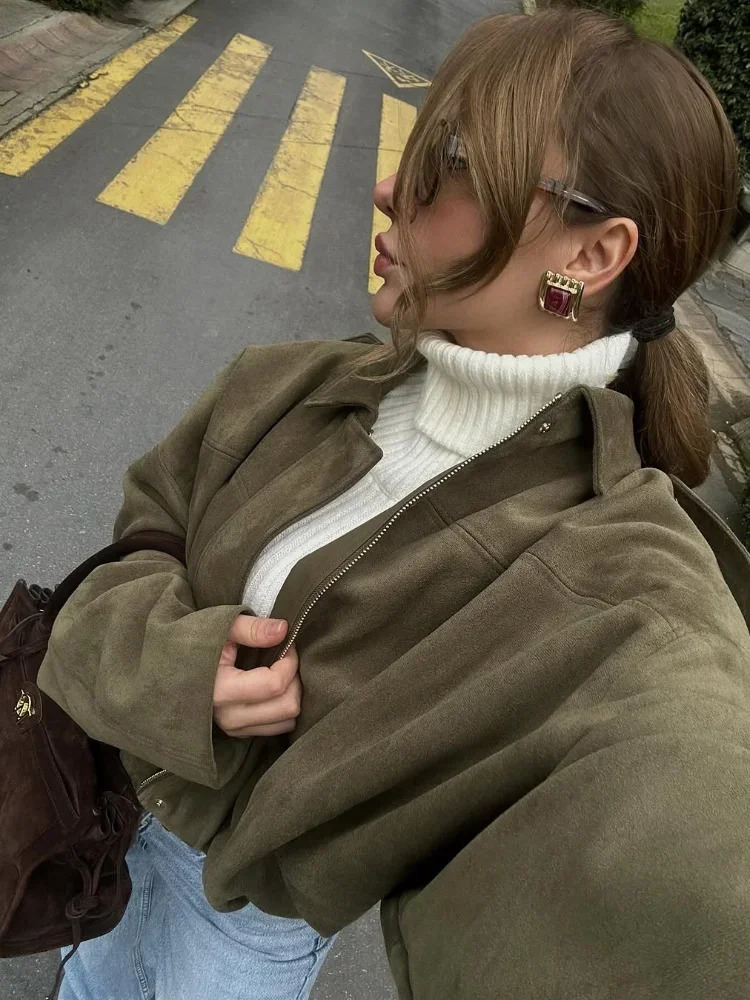 Casual womens collar suede jacket fashionable long sleeved zipper loose short 2025 spring business office bomber 250407