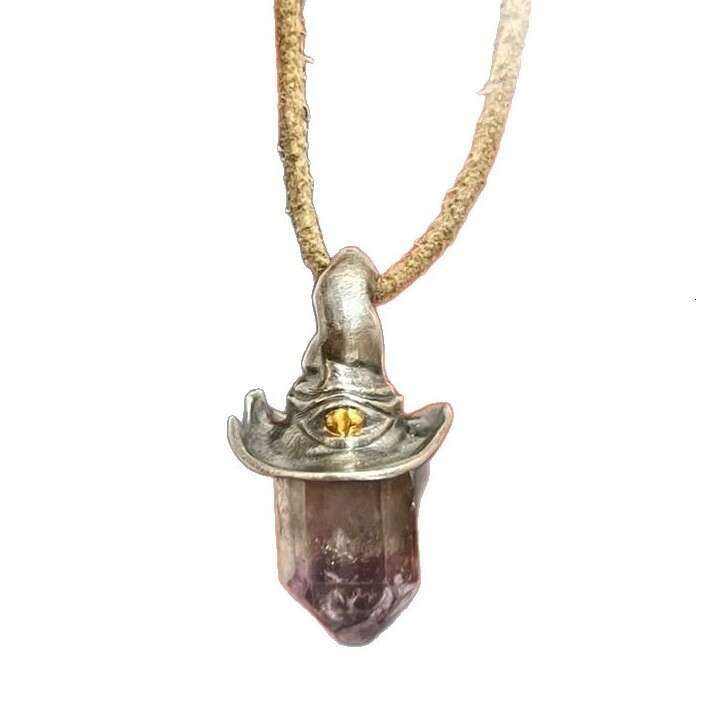 Cross-Border Yuji Retro Style Natural Amethyst Hexagonal Pillar Witch Hat Unique and Simple Niche Pendant