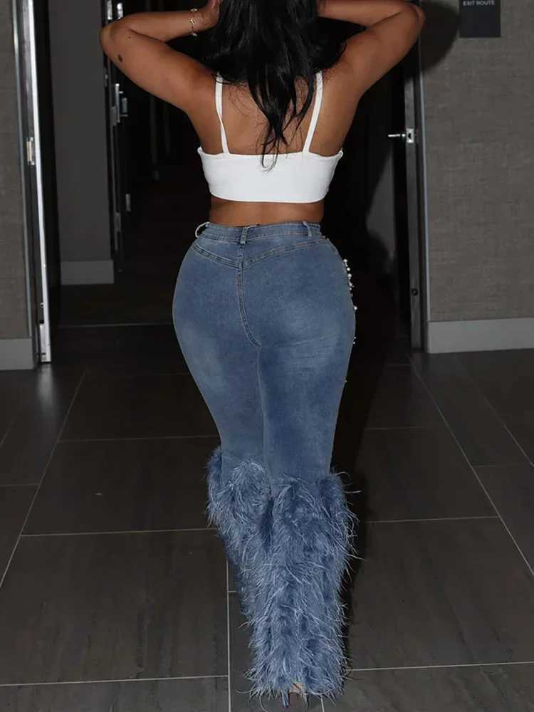 Tassel Holes Jeans Womens Vitnage Feather High Waist Y2K Streetwear Casual Denim Pant Spring Skinny Hollow Out Trousers C251110