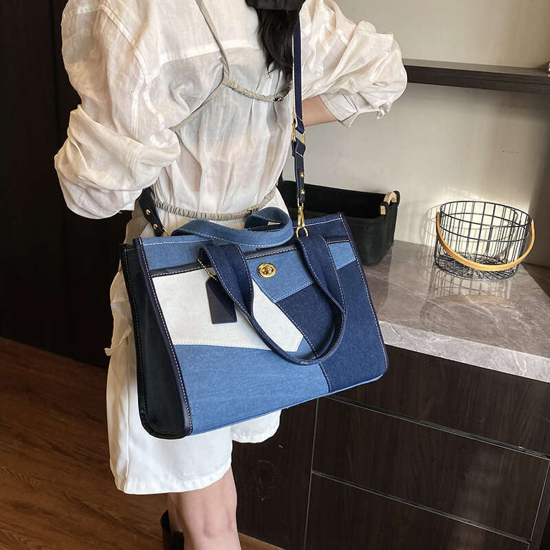 Foreign Trade Denim for Women New Fashion Color-Block Patchwork Single Shoulder Crossbody Commuter Casual Tote Bag