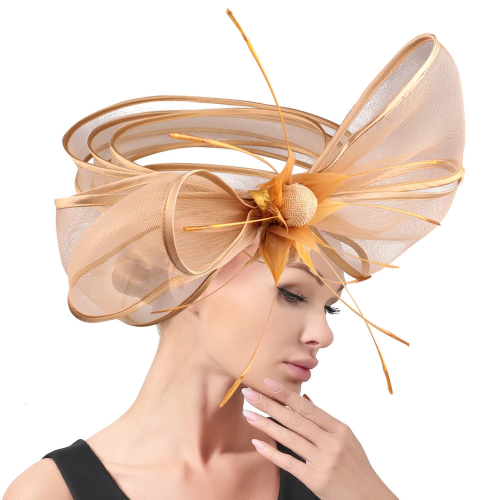 Gold Fascinators Crinoline Headband with Hair Clip Pillbox Hat Cocktail Tea Party Nice Headwear with Veil and Feather for Women 250409