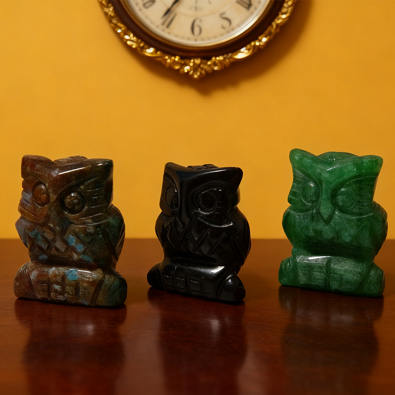 2-inch-long jade owl figurines, carved handicrafts, natural crystal carved animal ornaments, crooked-headed owl figurines