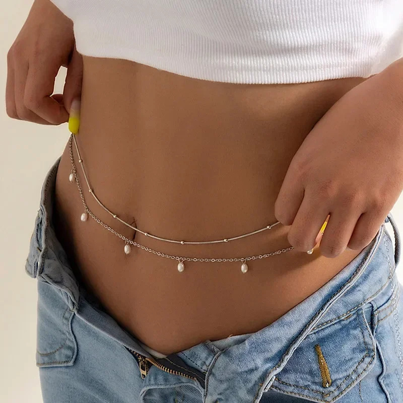 Fashion Sexy Double Layer Pearl Chain for Women Waist Bead Belly Chain Belly Belt Summer Beach Body Jewelry Festival Gifts 250409