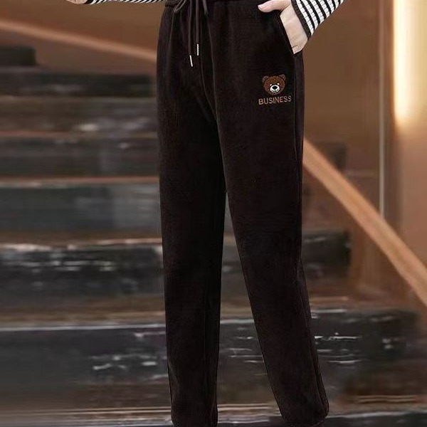 Fleece-Lined Thickened Sweatpants for Women 2025 Autumn Winter High-Waisted Joggers Slimming Bear Embroidery Corduroy Casual Sports Pants 201102 Z2603
