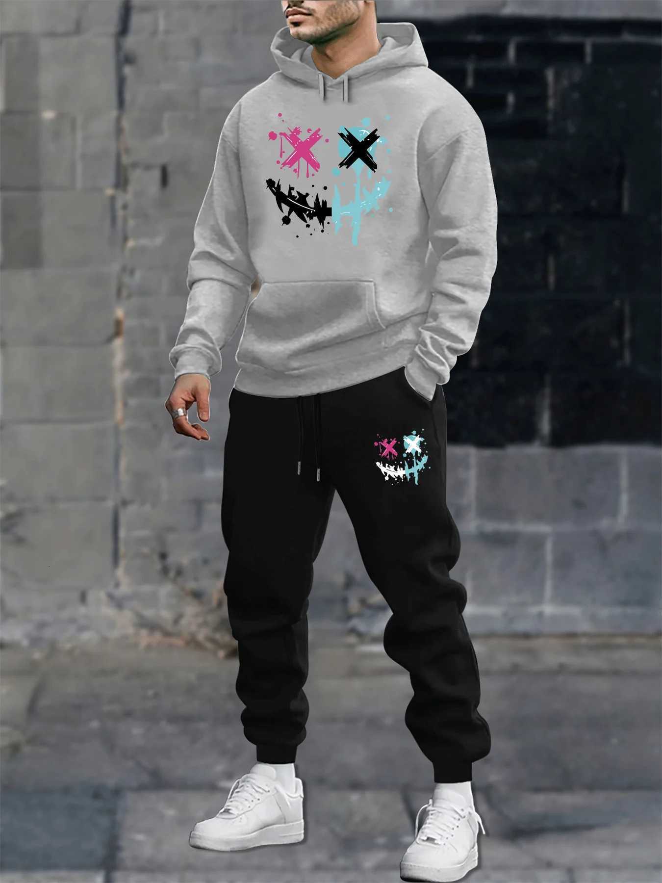 Mens autumn and winter casual fashion warm smiling face pattern printed loose plush thick hooded sweatshirtsweatpants set W251110