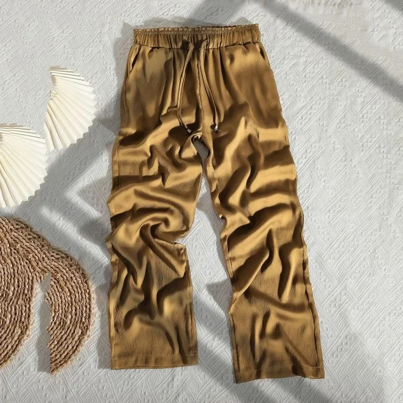 High Quality Wide Leg Pants Women Vintage Drawstring High Waist Satin Silk Pants Woman Casual Loose Straight Trousers 250409