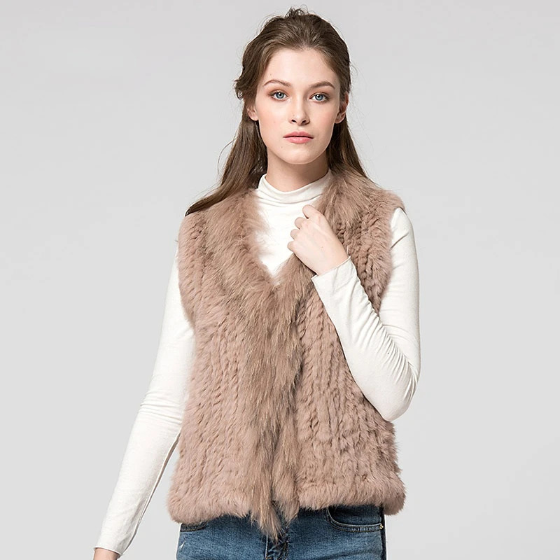 VT7008 Womens Natural Real Rabbit Fur Vest With Raccoon Collar Waist Coat Knitted Winter Jacket 251110
