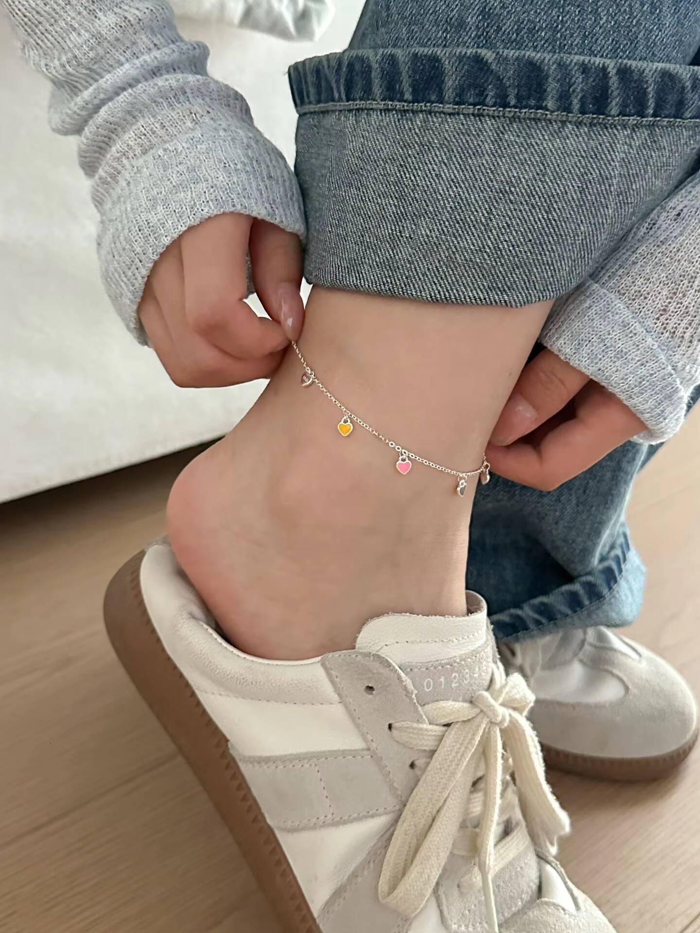 Dainty Small Heart Charm Anklet Colorful Enamel Solid 925 Sterling Silver Anklet