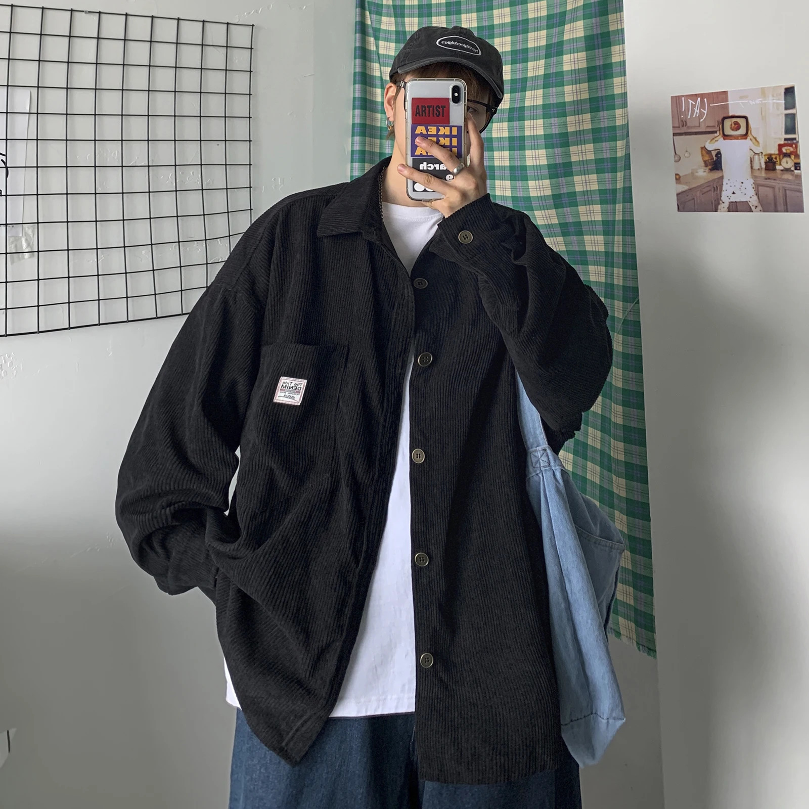 Men Corduroy Shirts Harajuku Korean Loose Style Long Sleeve Vintage Streetwear Overshirt M-3XL 250408