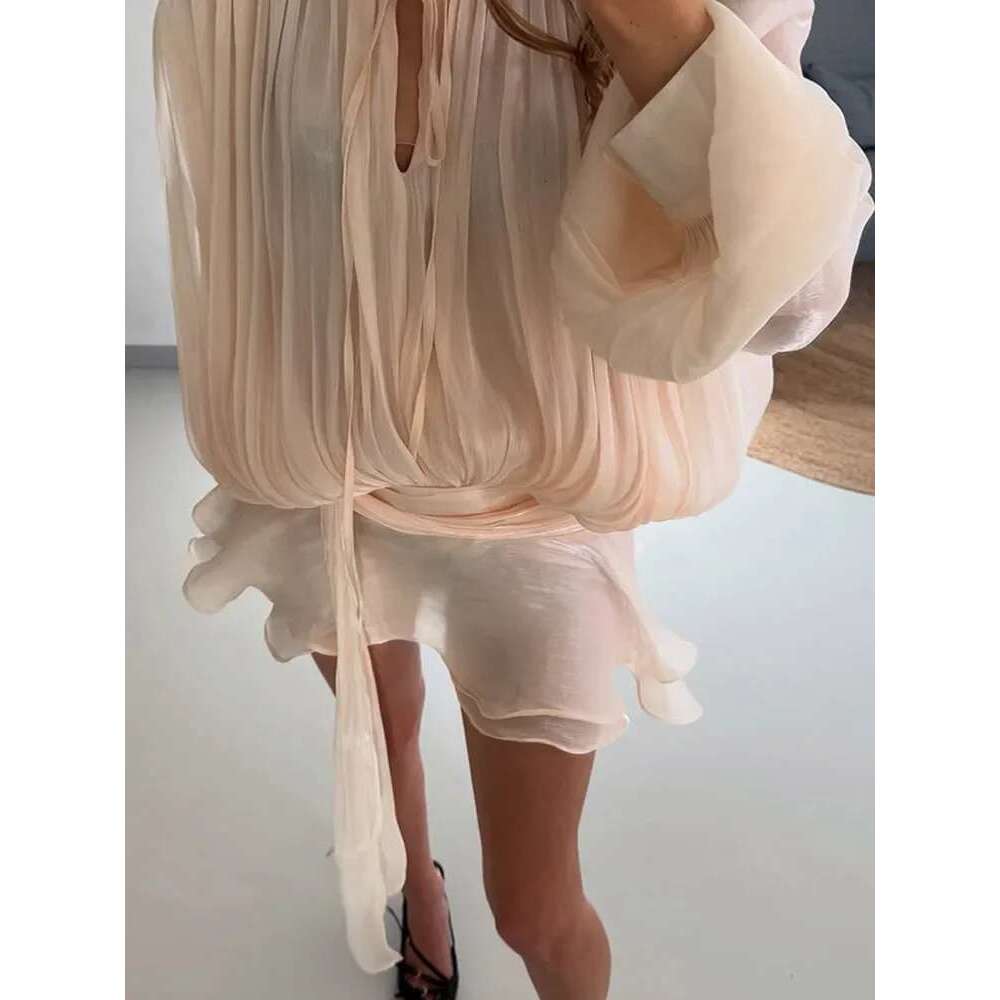 Elegant Solid Blouse Mini Dresses For Women V Neck Long Sleeve Spliced Lace Up Sweet Style Dress 2025 New Street Party Vestidos