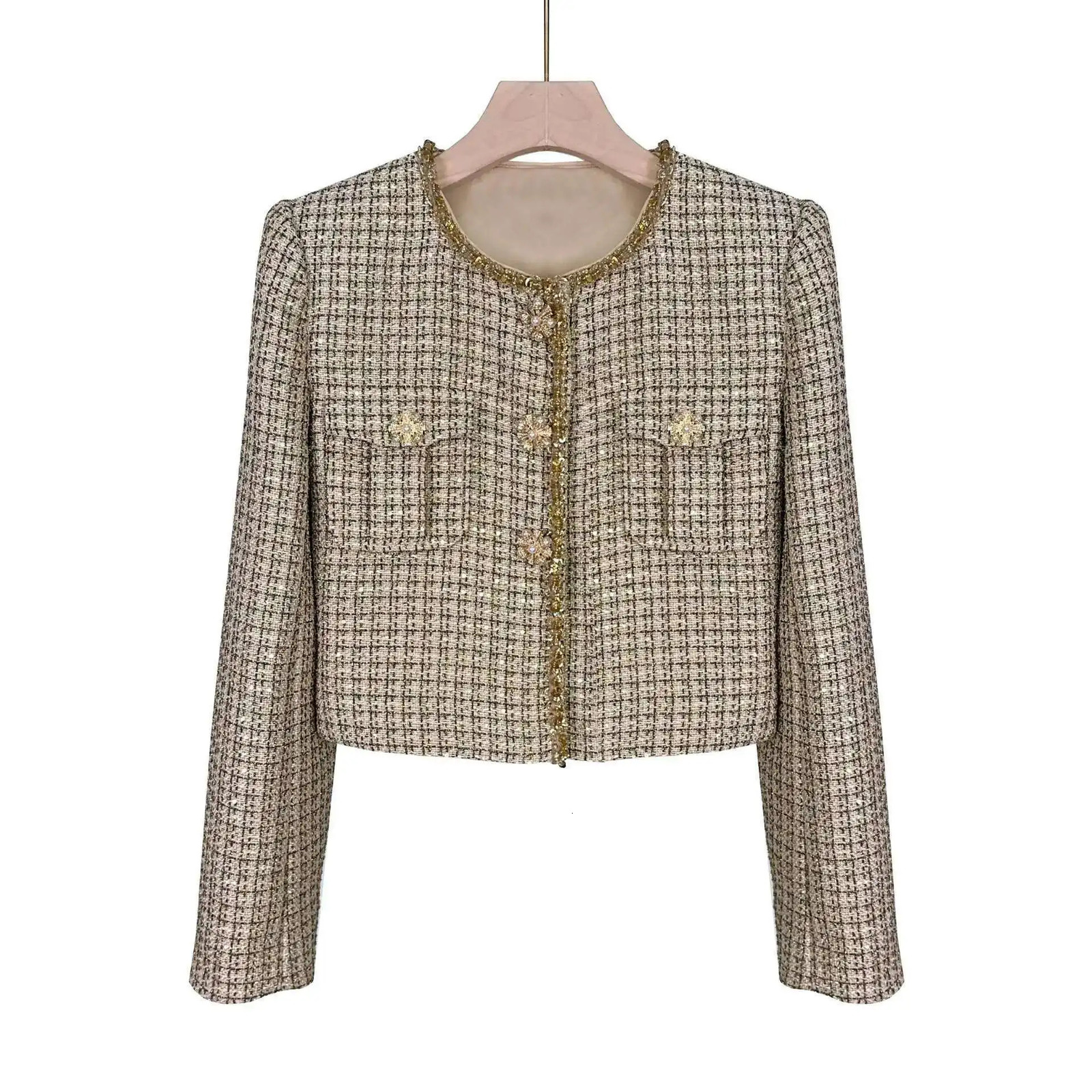 Autumn Winter Small Fragrant Style Gold Plaid Coarse Knitted Two Piece Set Women Suit Coat Tweed Jackets Midi Long Skirts Sets 251110