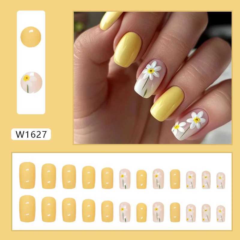 24 yellow flowers pressed on nails pink gradient fake nails smooth artificial fingers ergonomic reusable fake nails for women W250410