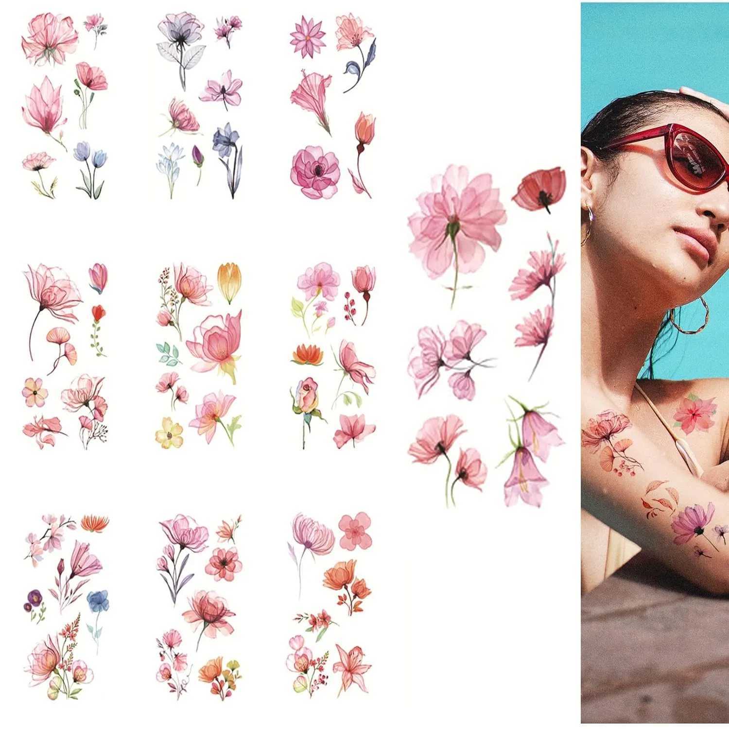 10 pieces of 3D watercolor lavender flower temporary tattoo female body art arm fake adult tattoo sticker waterproof girl tattoo W250410