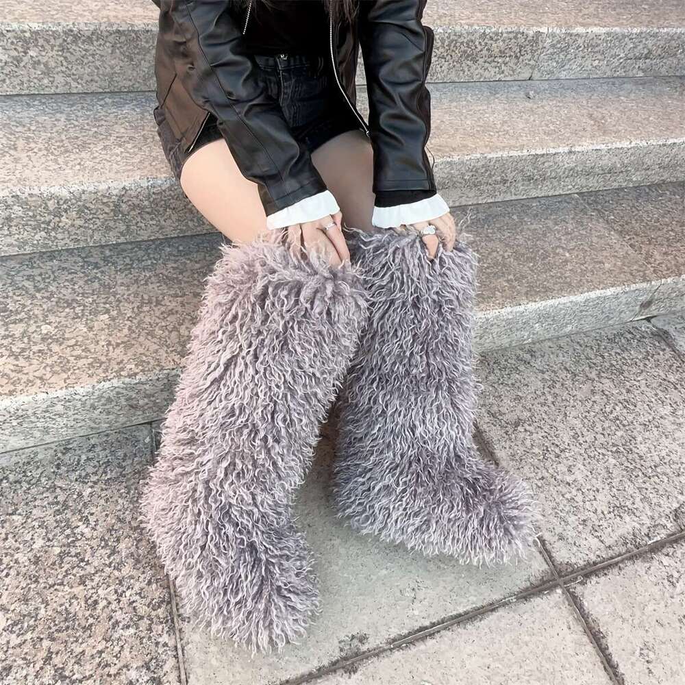 Women's Y2k Knee-Length Fluffy Snow Boots - Cozy Brown Faux Fur With Rubber Sole, Warm Winter Footwear For Outdoor Use, Cute And Stylish Desig