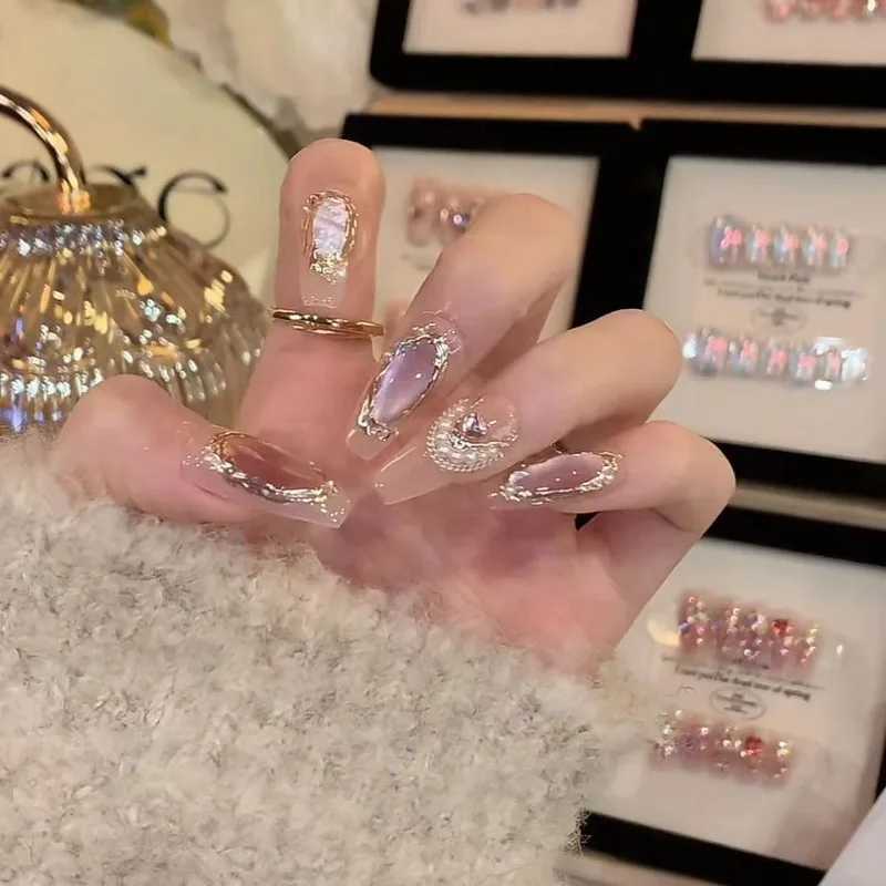 New lovely princess detachable hand knitting nail girl short false nail powder blusher bow patch false nail sticker Ins W250410