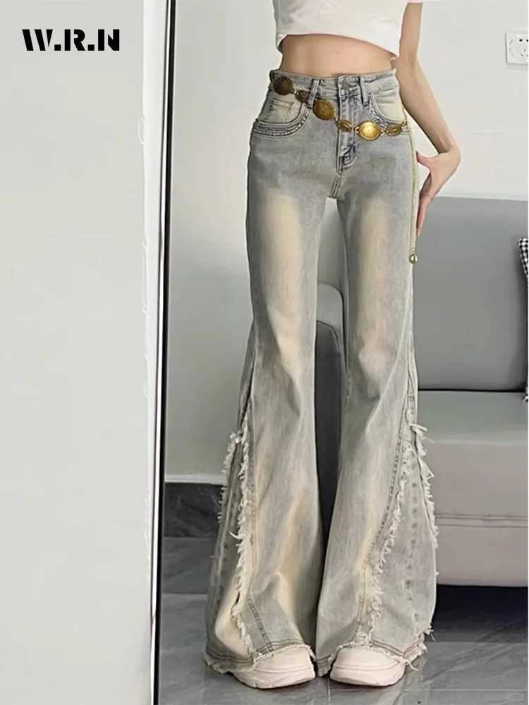 Vintage Casual Trashy Flared Pants Womens Y2K Tassels Full Length Denim Trouser Street Retro Grunge 2000s High Waist Jeans C251110