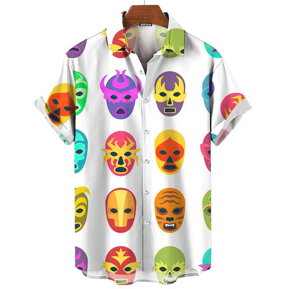 3D mask printed mens summer shirt Lucha Libre short sleeved casual Hawaiian mens loose clothing Mexican wrestling X250410