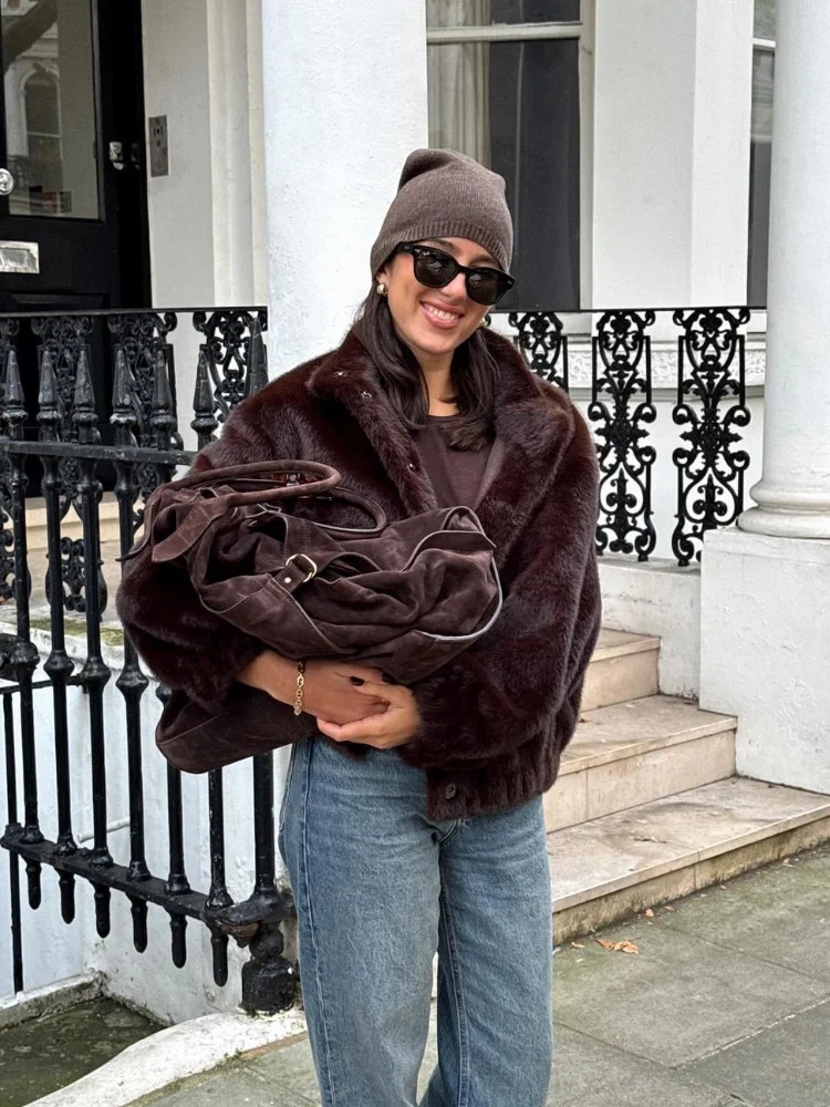 Casual Turtleneck Faux Fur Jacket Lady Chic Stand Collar Single Breasted Loose Warm Jackets Women Winter Commute Street Coat 251110