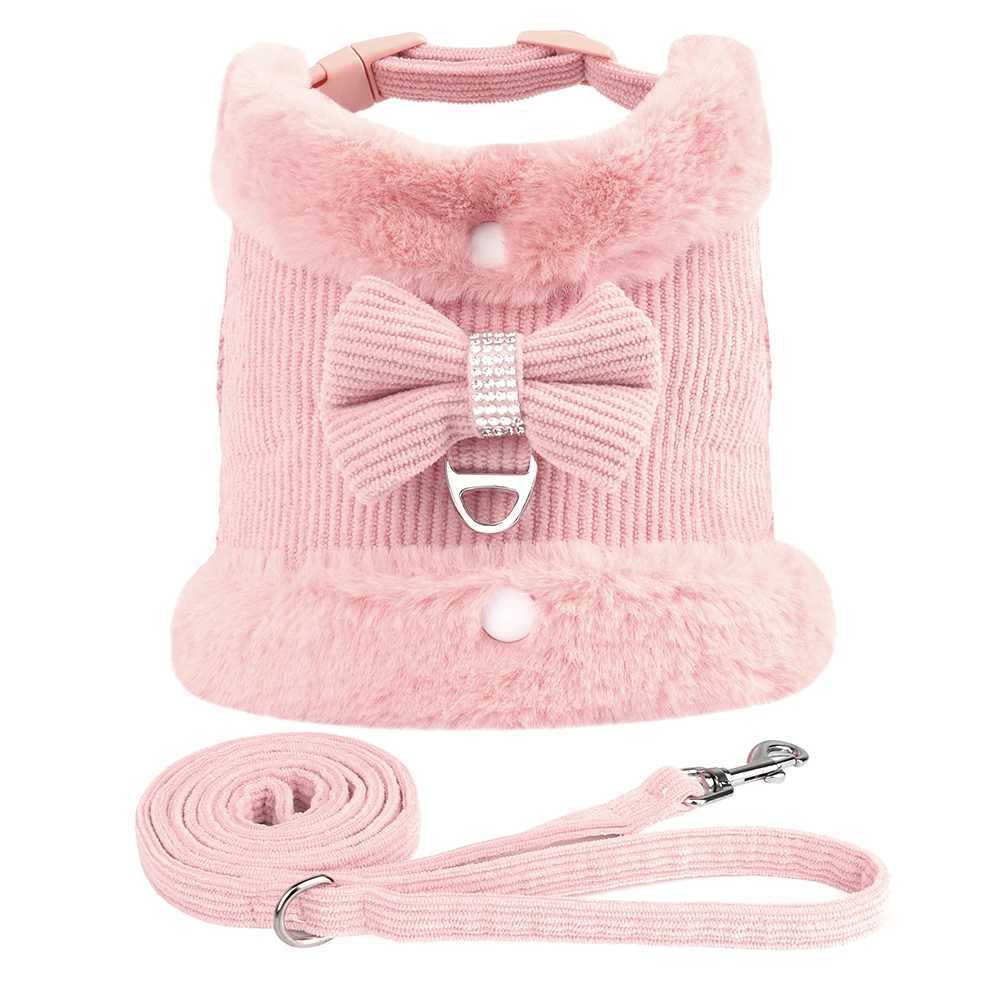 Warm Winter Dog Harness Leash Set Cute Bowknow Puppy Small Dog Vest Harness Soft Fur Collar Vest With Bowtie For Pug Yorkie Pink J251110