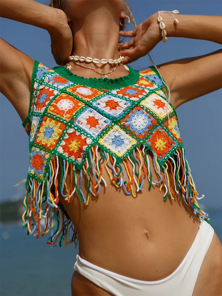 InX crop top only knitted covered in bikini green crocheted with tassel summer vacation clothing beach wear 250408