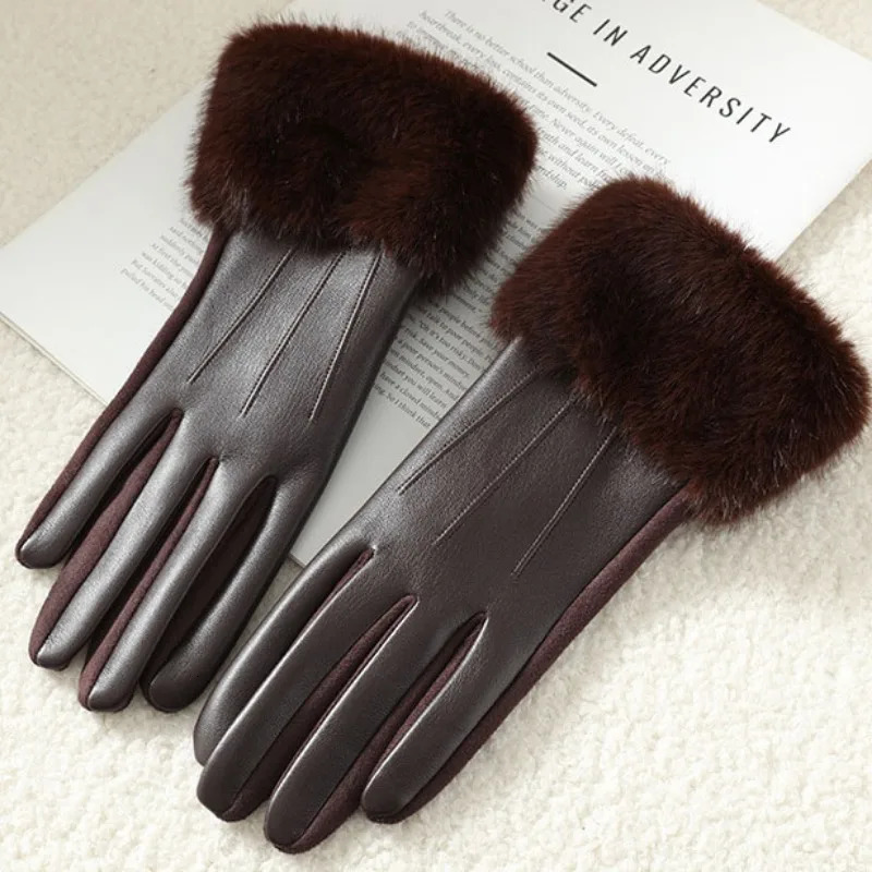 Temperament Women Winter of Mink Fur Suede Leather Gloves Keep Warm Touch Screen Thickened Add Velvet Fashion Elegant 251106