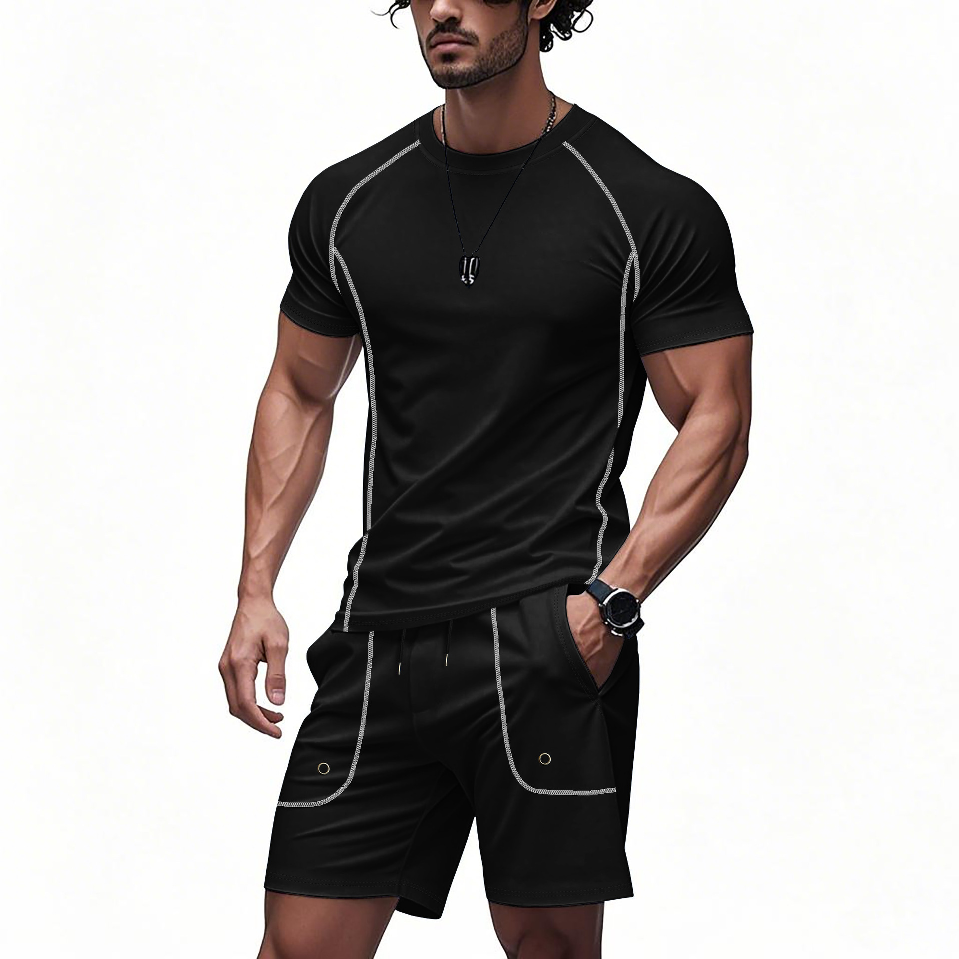2025 cross level summer new style mens running fitness tight fitting suit set training short sleeved shorts set