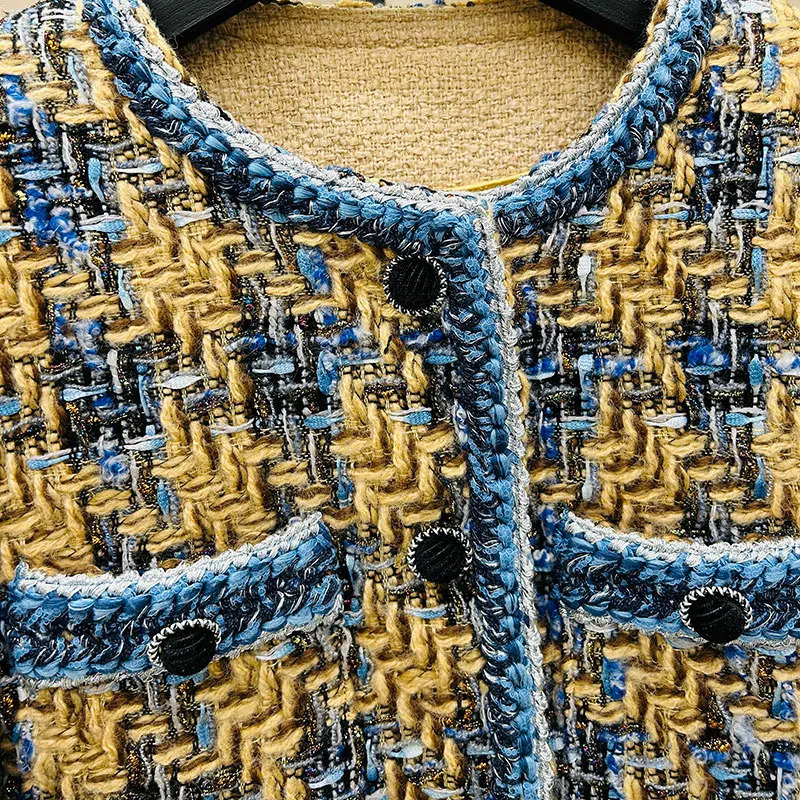 fashionable round neck contrasting color celebrity highend temperament n casual tweed jacket 251110