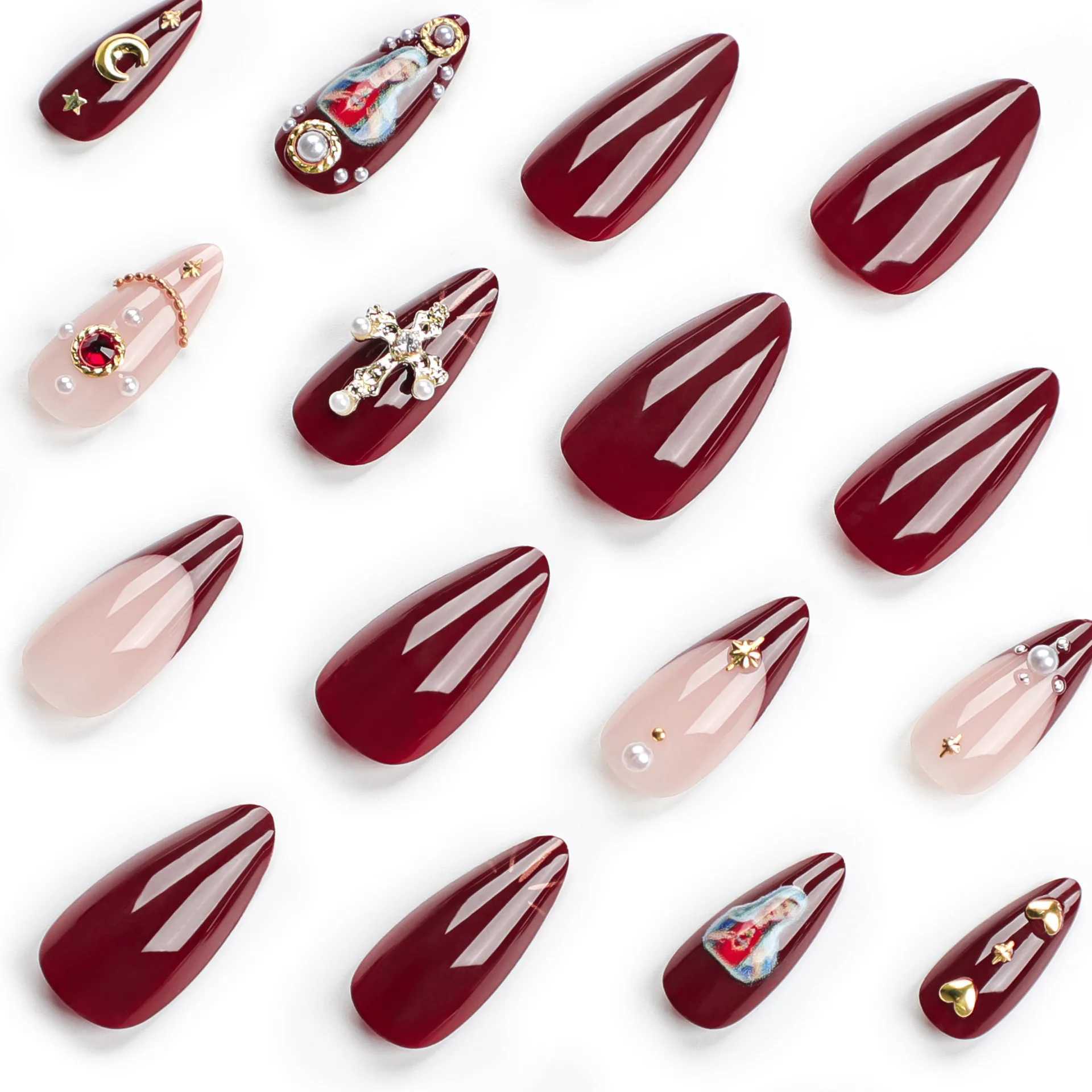2024 New Ramadan Style Fake Nail Golden Moon Star Design Almond French Fake Nail Patch Full Cover Detachable W250410