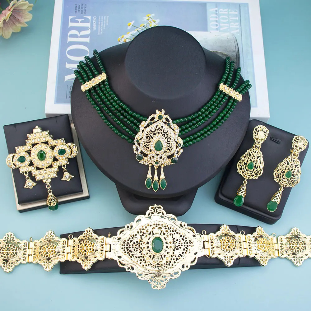 Sunspicems Gold Color Morocco Caftan Belt Waist Chain Women Beads Chain Choker Necklace Long Earring Arab Bridal Wedding Jewelry 250409