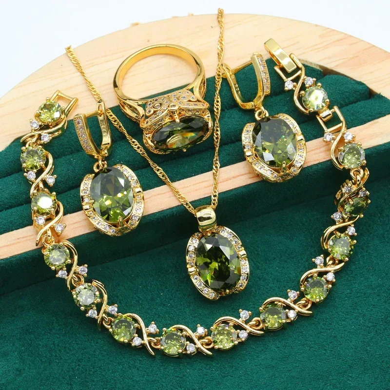 Geometric Wedding Gold Color Jewelry Set for Women Olive Green Zircon Bracelet Earrings Necklace Pendant Ring Gift 250409
