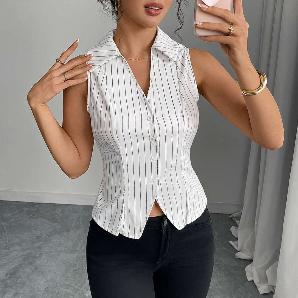Rui Chuo Cross-Border Foreign Trade European and American Sleeveless Striped 2025 Summer Elegant Slim Fit Shirt Cardigan Top Women's Clothing