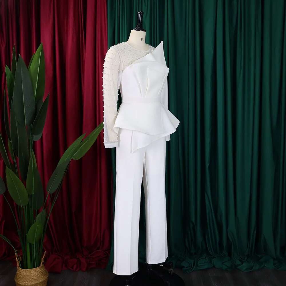 Jumpsuits & Rompers For Women Round Neck Beaded Transparent Sleeve High Waisted Elegant Female Birthday Party Overalls