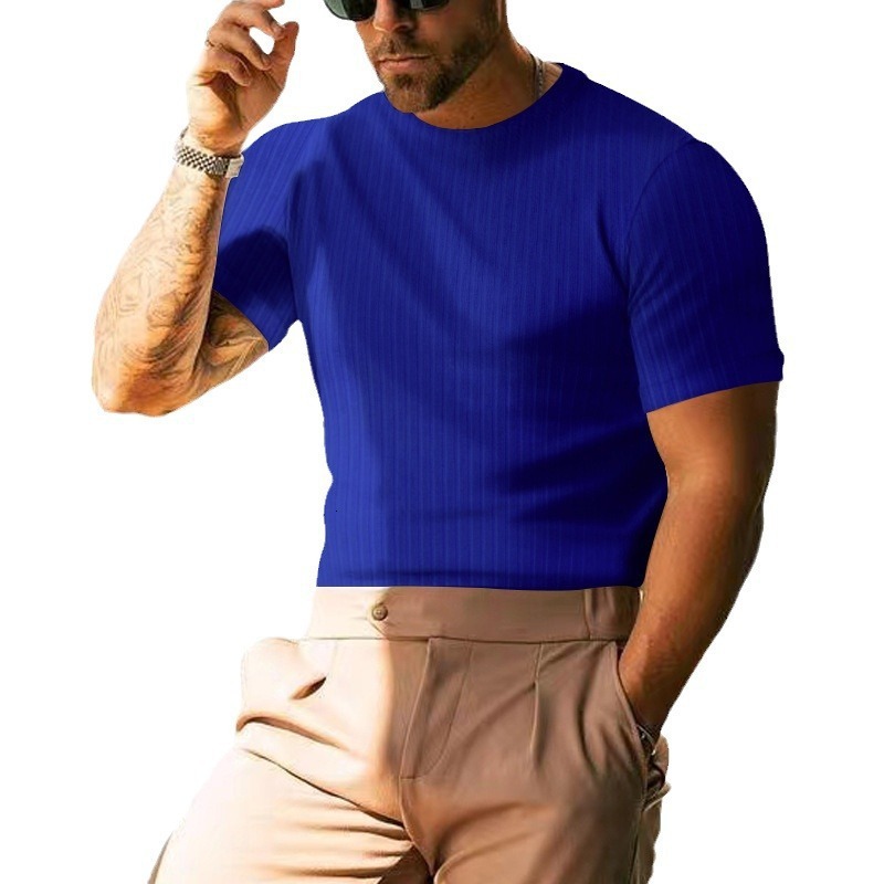Tem 2025 Summer Mens Short Sleeve T-shirt Solid Color Casual Stripe Round Neck Slimming Henley Shirt