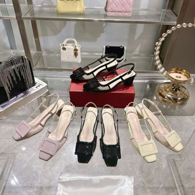 2025 New Version Chunky Color Block Metal Buckle Closed Square Toe Mesh Backless High Heel Sandals Patent Leather Women