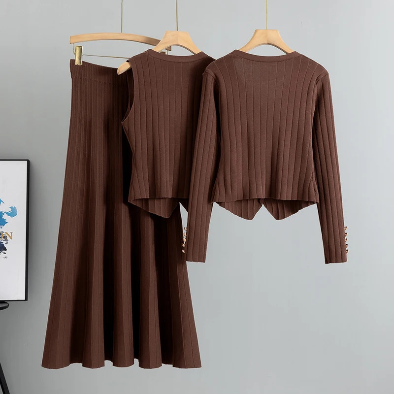 Women Three Piece Sets Kintted Vest Pleated Skirt Spring Autumn Cardigan Top High Waist Elegant Suit 251110