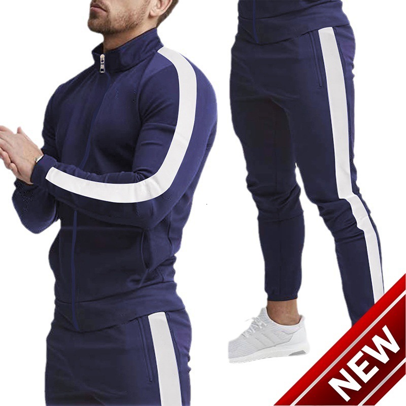 2024 Spring and Autumn New Mens Long sleeved Pants Casual Sports Set with Splicing Stand up Collar and Slim Fit