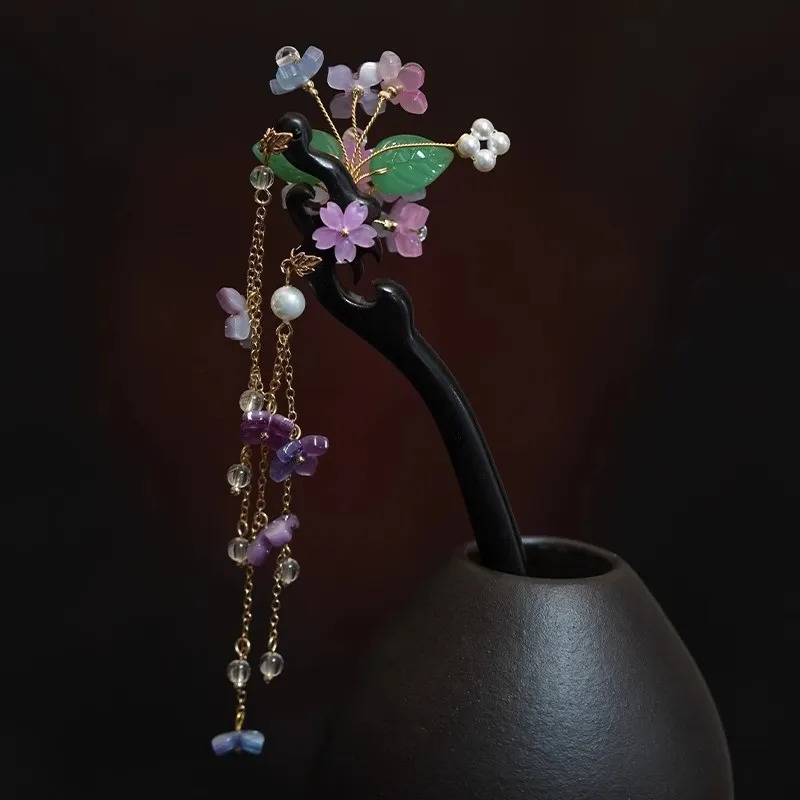 Ancient Chinese hair clip Hydrangea flower head womens Hanfu dress hair fork step rocking hair accessory 250409