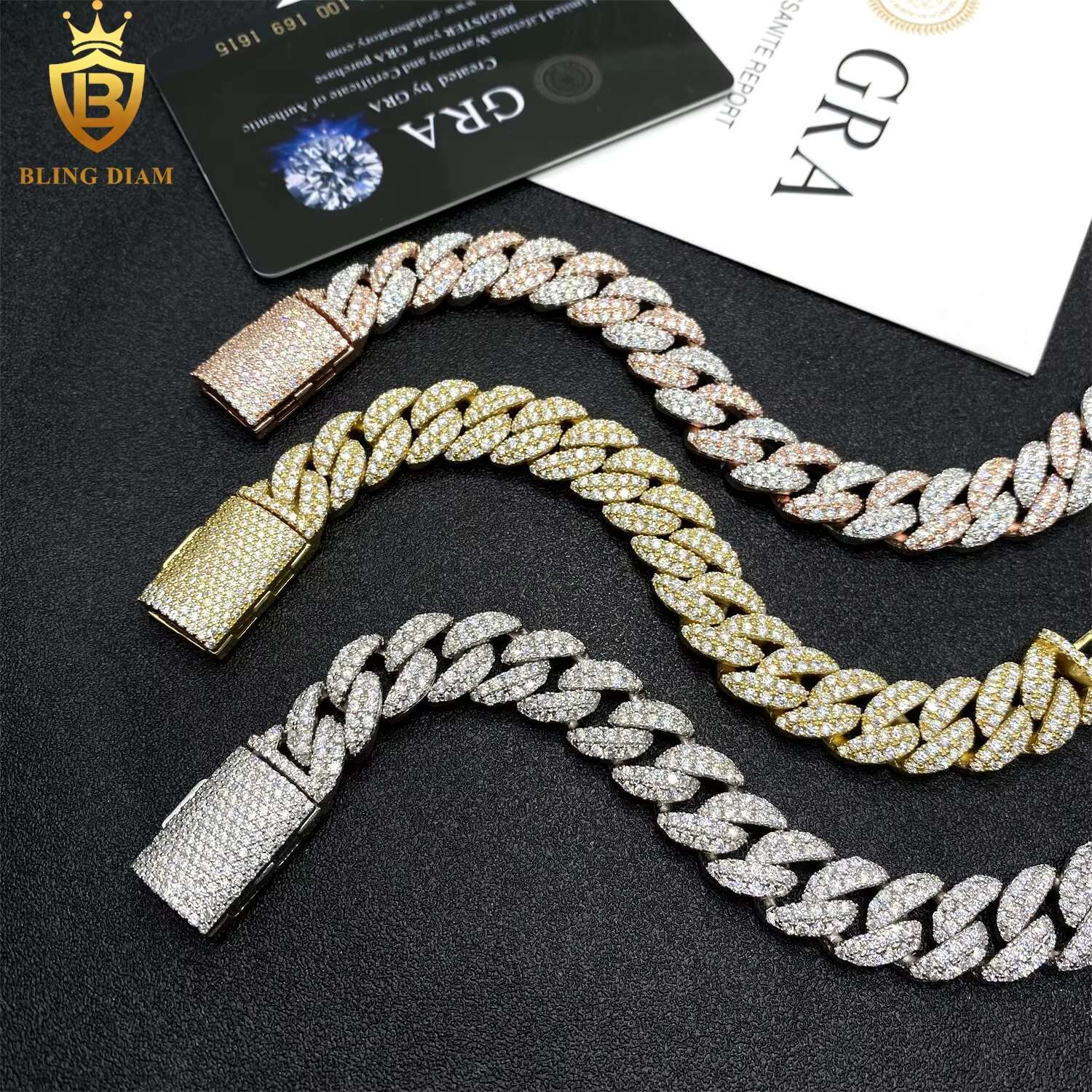 12mm Hip Hop Miami Cuban Link Chain 2Rows 925 Silver Vvs Moissanite Iced Out Gold Plated Promotions and Discounts