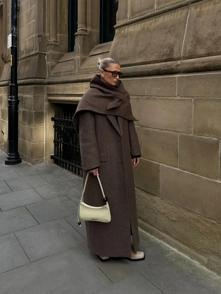 Brown Shoulder Pad Wool Blend Overcoat Women Elegant Lapel Singlebreasted Long Sleeve Coat Autumn Lady Outerwear 251023CJ