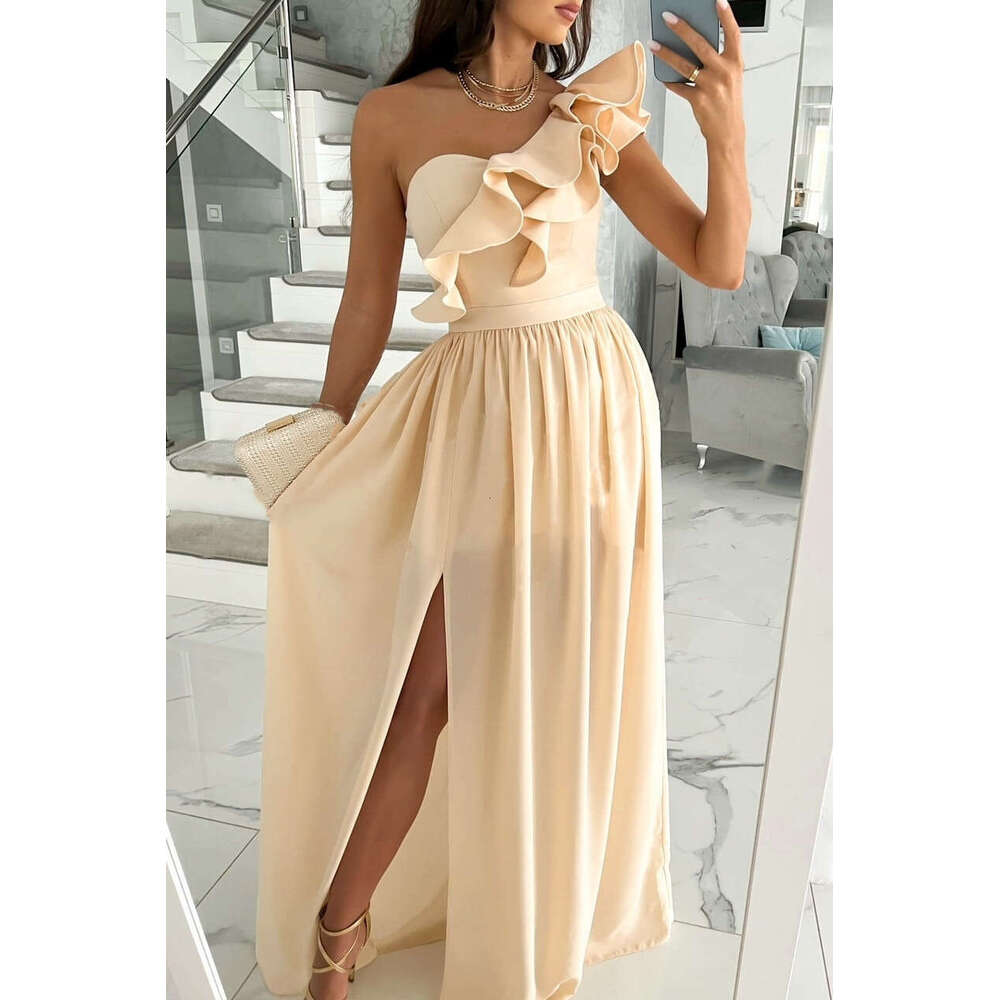 2025 new summer sleeveless shoulder lotus leaf hem slit dress for women, with a unique and elegant temperament