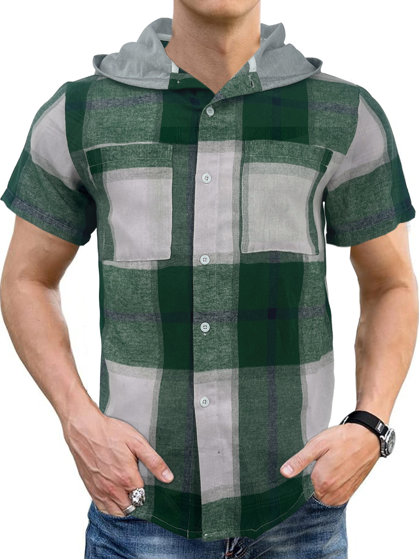 Tems new 2025 summer mens short sleeved shirt mens casual hooded checkered short sleeved shirt