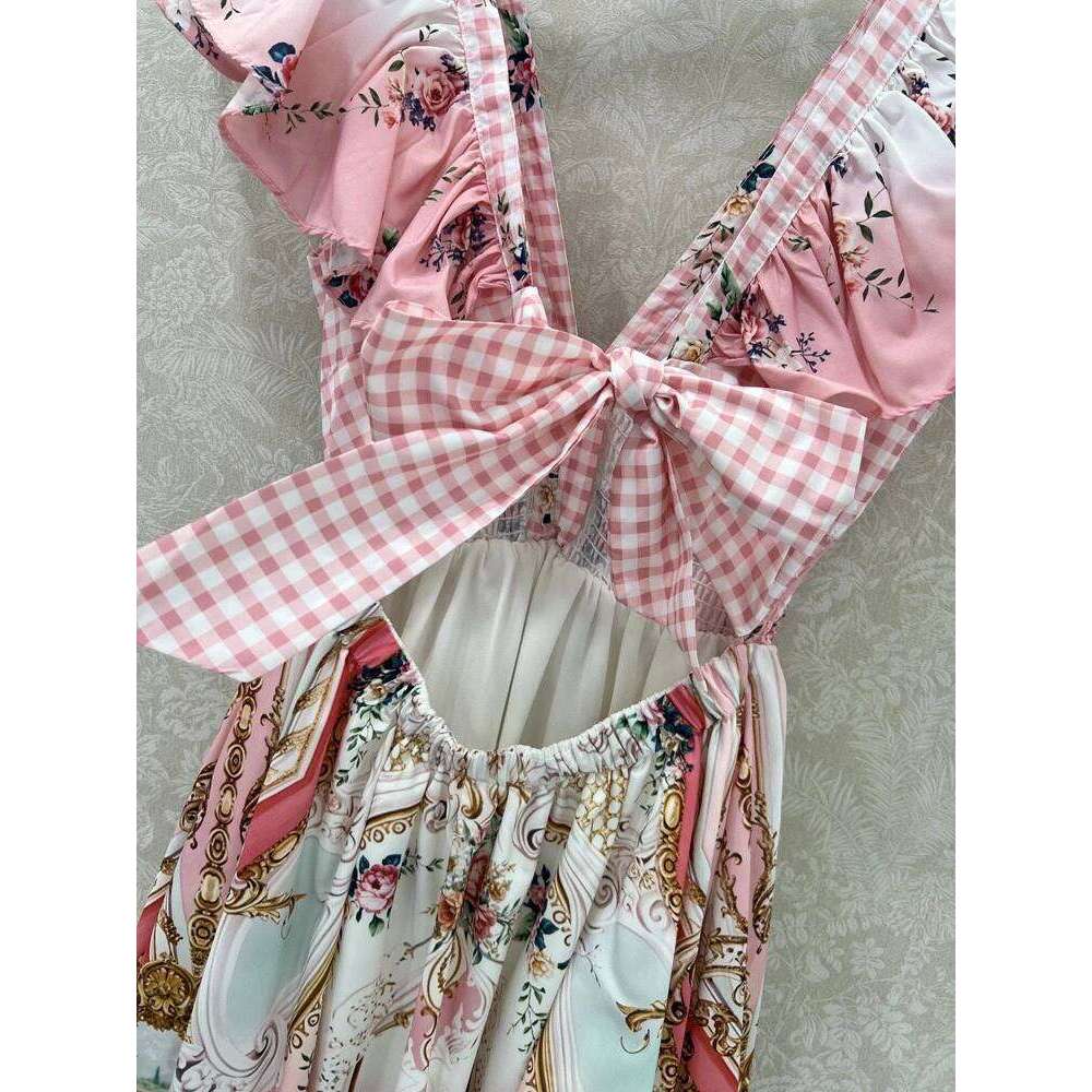 Retro Bohemian V-Neck Back Strap Sexy Long Skirt 2025 Summer Women's New Print Design Seaside Holiday Big Swing High Waist Dress