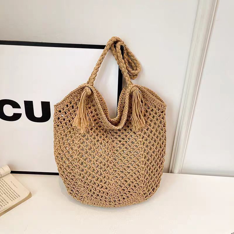 Tassel Cotton Thread Straw New Handmade Woven Single Shoulder Large Capacity Tote Vacation Beach Women's Bag