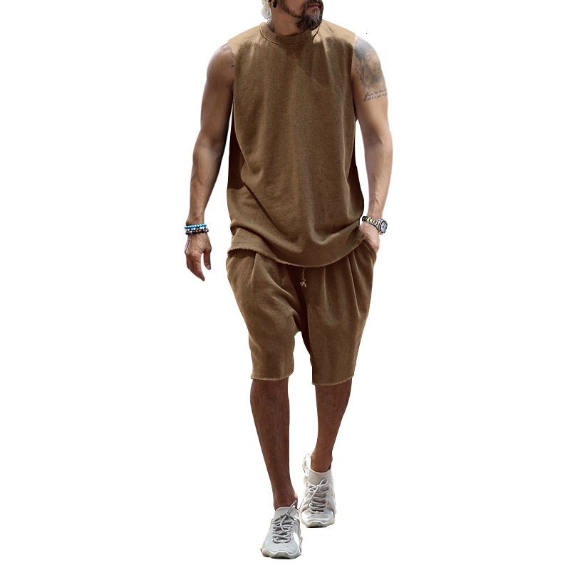 New plus size mens sleeveless sports suit casual shorts loose summer vest two-piece set