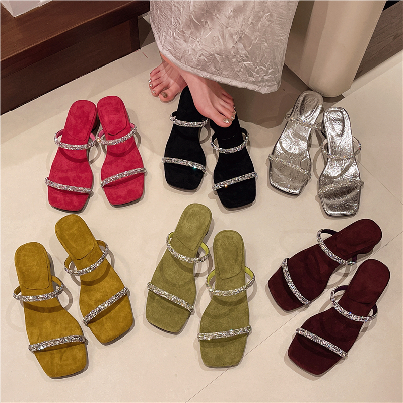 Rhinestone Sandals Women's Shoes 2026 Summer Trend Fashion Square Toe Crystal Heel Slippers Simple Shiny Square Toe Sandals Elegant dress with fl