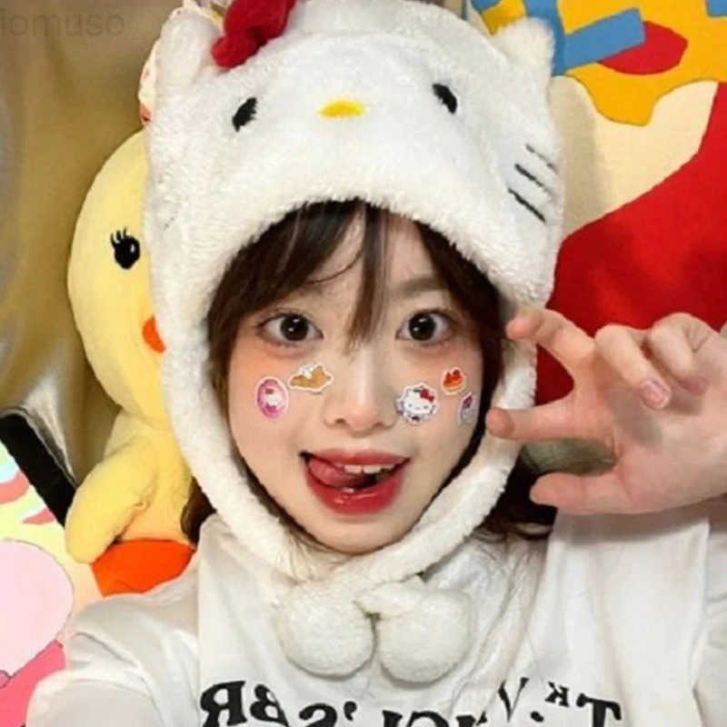 Sanrio Kawaii KT Cat Plush Cap Cute Cartoon Hello Kitty Pullover Hat Thickened Warm Ear Protection Riding Hat For Girl Gifts H251110
